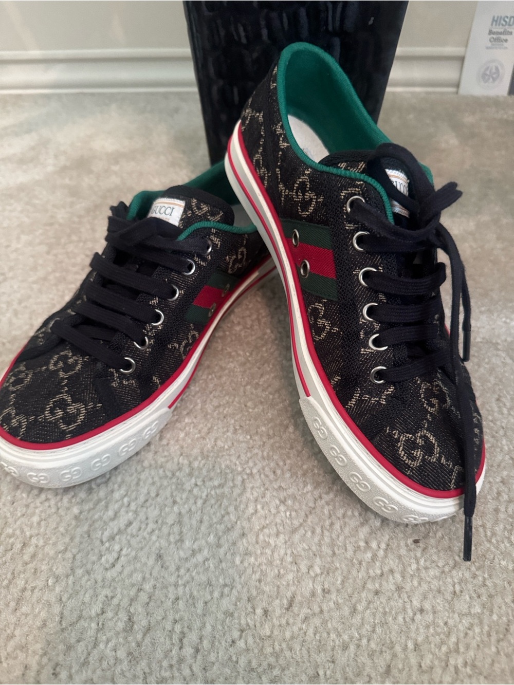 Gucci Black Monogram Low-Top Sneakers with Red & Green Web